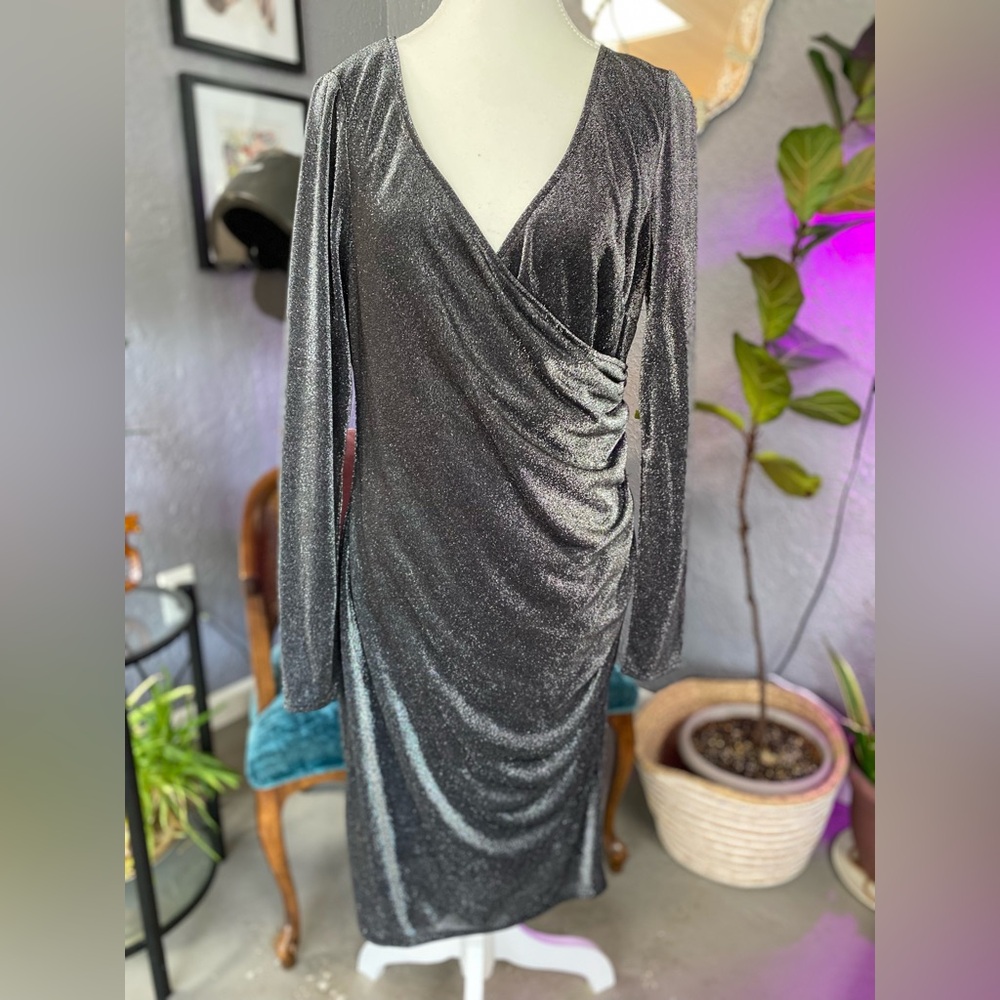 White House Black Market Metallic Silver Long-Sleeve Faux Wrap Dress Size 12
